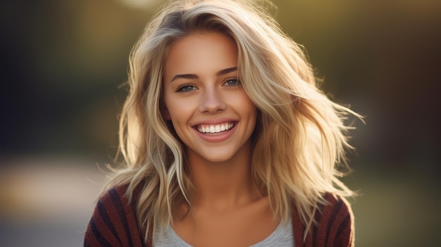 Giovane donna bionda sorridente che posa su uno sfondo sfocato morbido IA generativa