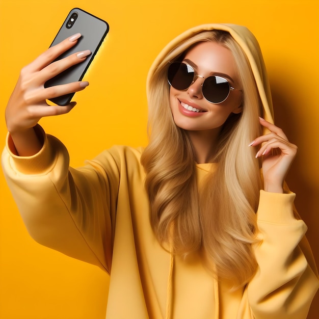 Giovane donna bionda spensierata con cappuccio e occhiali da sole che si fa un selfie con uno smartphone giallo BG