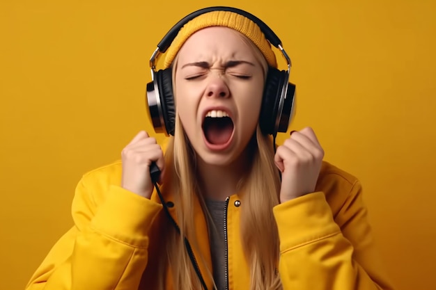 Giovane donna bruna allegra in maglione giallo che posa isolata sullo sfondo rosa pastello della parete