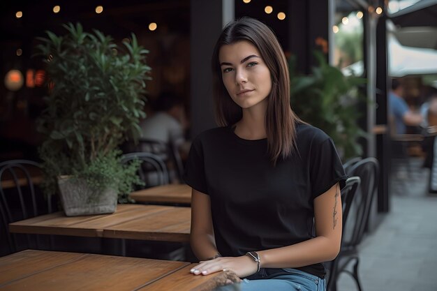 Giovane donna bruna che indossa una maglietta e jeans neri in bella tela in un accogliente ristorante il giorno d'estate Design tshirt modello stampa presentazione mockup Ai generato