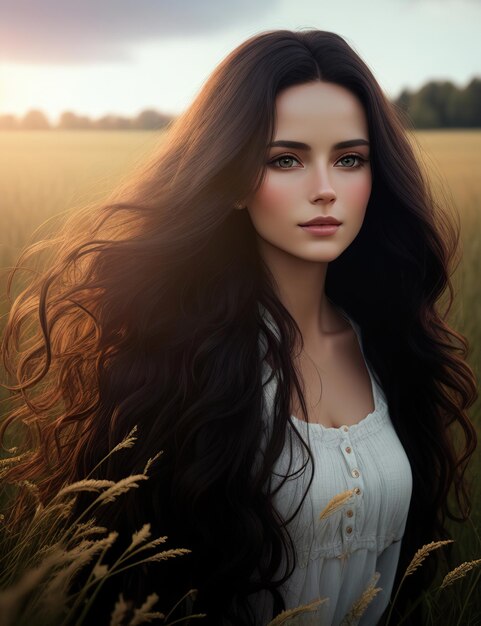 giovane donna bruna con lunghi capelli castani nel campo