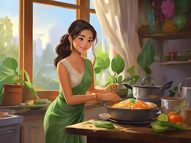 Giovane donna carina che cucina nella cucina dipingendo illustrazioni