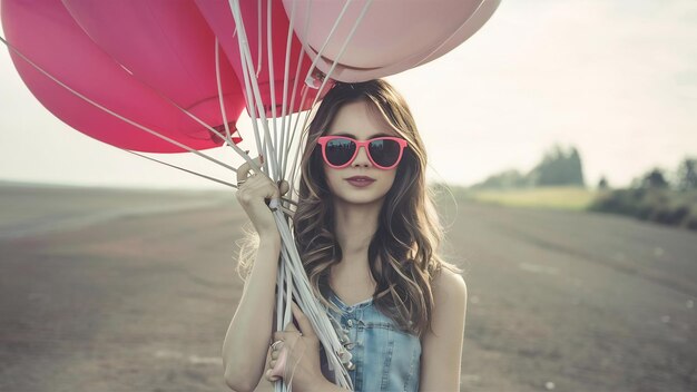 Giovane donna carina che tiene un mucchio di palloncini d'aria con gli occhiali da sole rosa