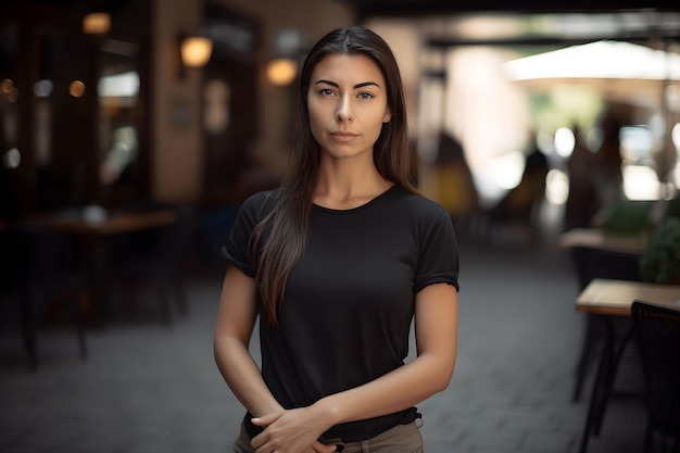 Giovane donna castana che indossa una maglietta e jeans neri di bella tela in un accogliente ristorante il giorno d'estate Design tshirt modello stampa presentazione mockup Ai generato