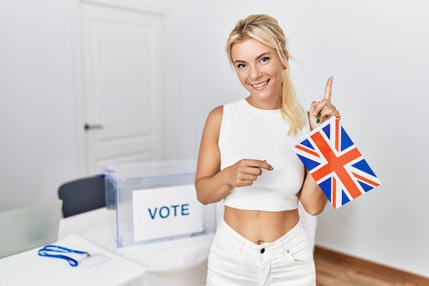 Giovane donna caucasica alle elezioni della campagna politica che tiene la bandiera del Regno Unito sorridente con un'idea o una domanda che punta il dito con la faccia felice numero uno