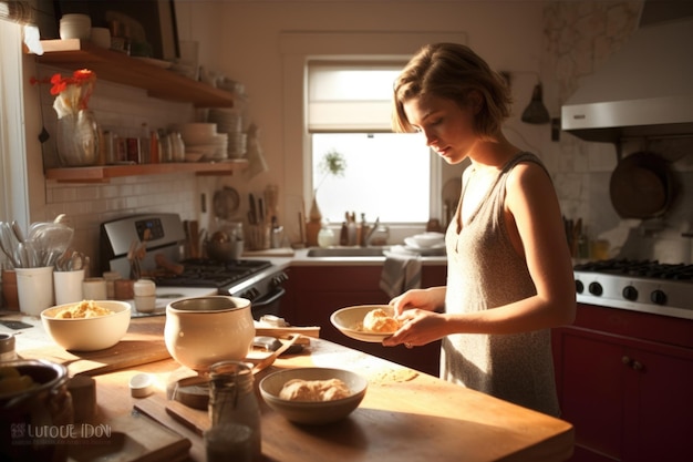 Giovane donna caucasica che cucina in grembiule da cucina abbigliamento da chef Generativo AI AIG23