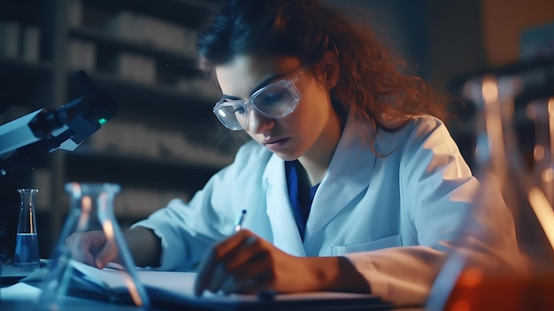 Giovane donna caucasica che lavora al laboratorio di scienziati Creato con la tecnologia Generative AI