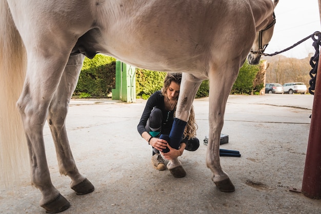 Giovane donna caucasica che pulisce e prepara un cavallo.