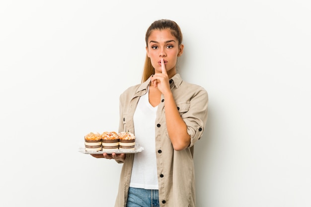 Giovane donna caucasica che tiene torte dolci mantenendo un segreto