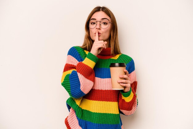 Giovane donna caucasica in possesso di un caffè da asporto isolato su sfondo bianco mantenendo un segreto o chiedendo silenzio