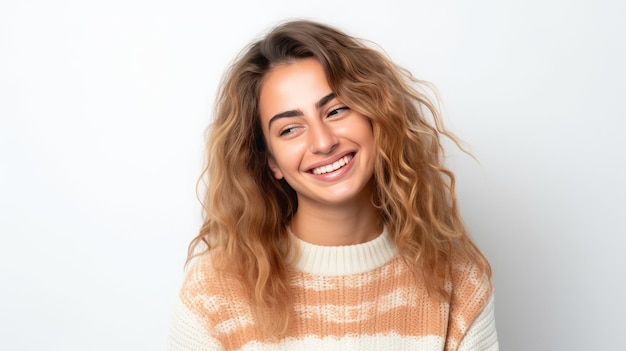 Giovane donna caucasica isolata su sfondo bianco che ride