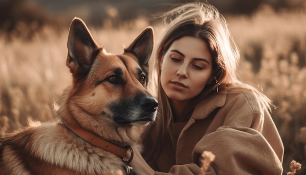 Giovane donna che abbraccia un simpatico cucciolo di pastore tedesco all'aperto generato dall'intelligenza artificiale