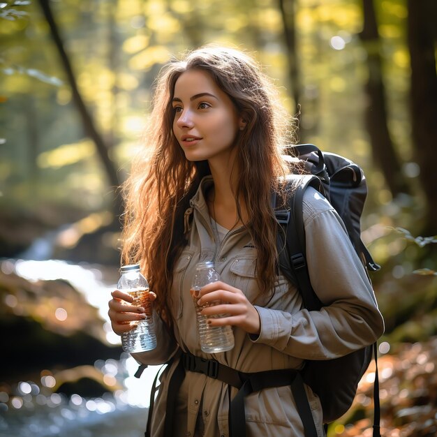 Giovane donna che beve acqua con lo zaino nella foresta Ai generative