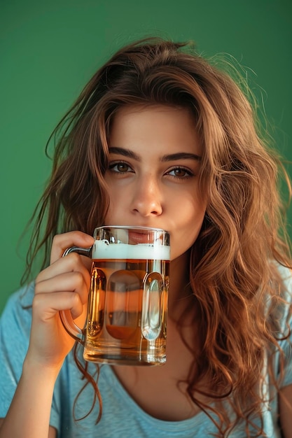 Giovane donna che beve birra