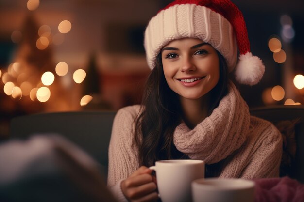 Giovane donna che beve caffè caldo o cacao seduta sul divano in una stanza accogliente con l'albero di Natale
