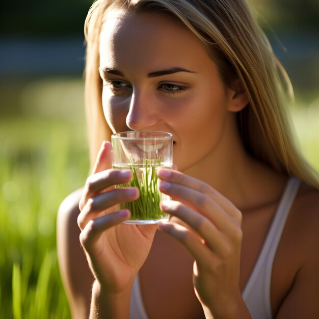 Giovane donna che beve un bicchiere di succo di erba di grano