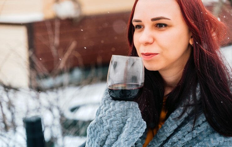 Giovane donna che beve vino rosso in cortile Donna avvolta in un plaid grigio con alcol seduto sulla strada nella stagione invernale