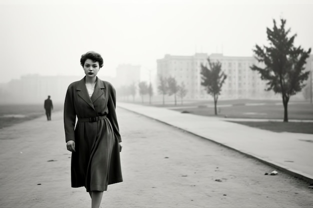 giovane donna che cammina in Corea del Nord nel 1960 monocromatico