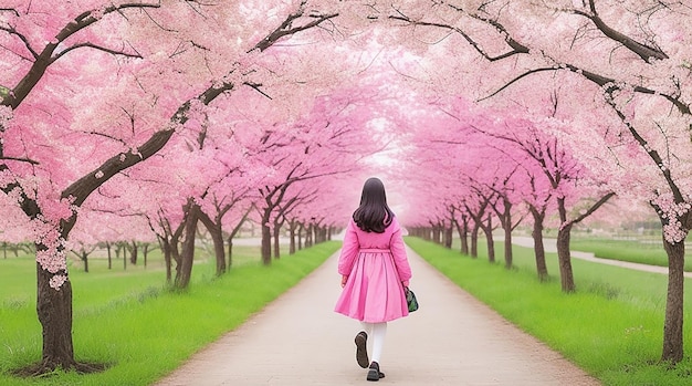 Giovane donna che cammina in file di bellissimi alberi di fiori rosa