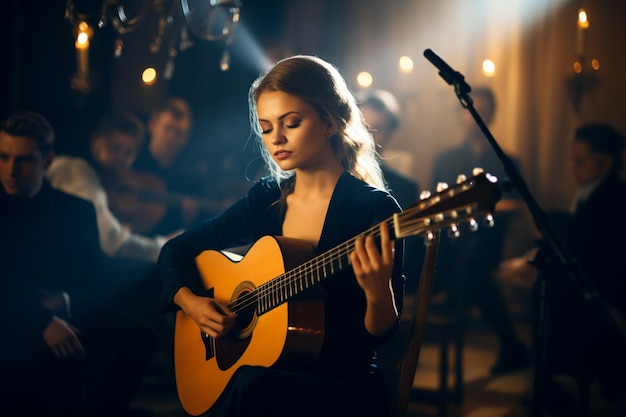 giovane donna che canta e suona la chitarra acustica sullo sfondo in stile bokeh