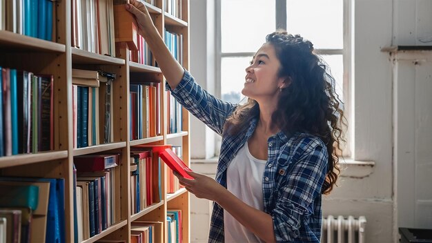 Giovane donna che cerca di raggiungere qualcosa seduta su una torre di libri