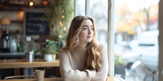 Giovane donna che contempla in un accogliente caffè fissando sguardo riflessivo atmosfera calda ritratto di eleganza casuale AI