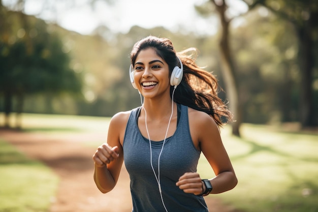 Giovane donna che corre e ascolta musica in un parco pubblico