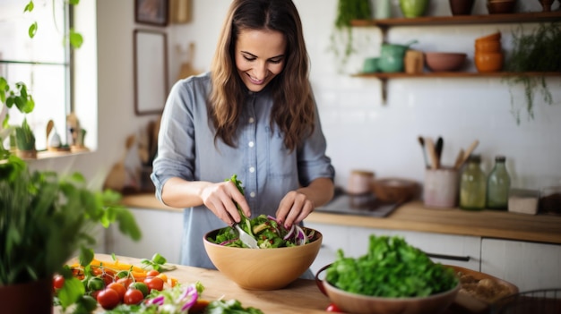 Giovane donna che cucina in cucina