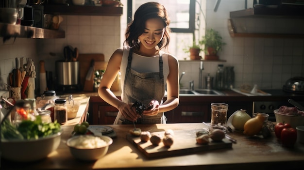 Giovane donna che cucina in cucina