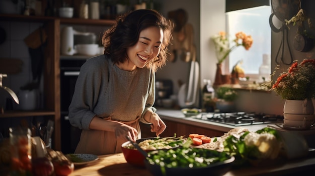 Giovane donna che cucina in cucina