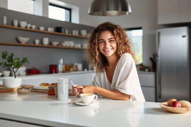 Giovane donna che fa colazione in cucina