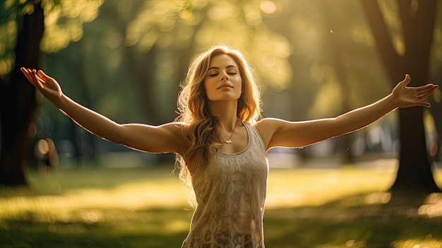 Giovane donna che fa esercizio di yoga nel parco e si allunga nella bella luce dell'alba