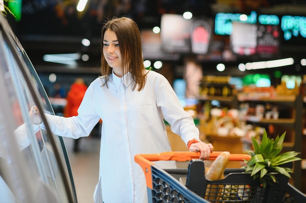 Giovane donna che fa la spesa al supermercato