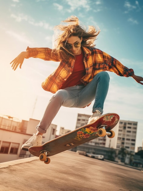 Giovane donna che fa skateboard