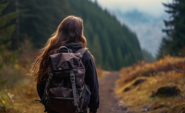 Giovane donna che fa un'escursione in montagna