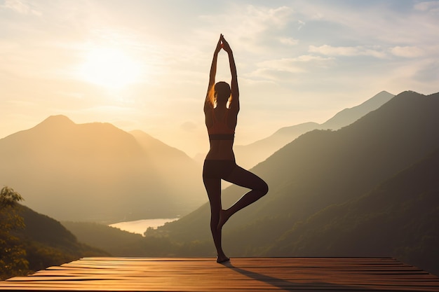 Giovane donna che fa yoga e stretching al mattino Centro fitness sano con vista sulle montagne