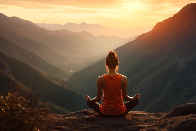 giovane donna che fa yoga in posizione seduta sullo sfondo della montagna Esercizio yoga per il concetto di benessere