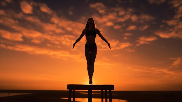 Giovane donna che fa yoga posa sulla spiaggia al tramonto in silhouette