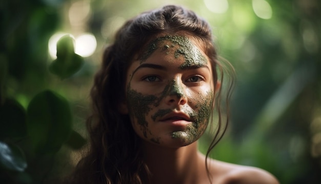 Giovane donna che guarda la fotocamera nella foresta generata dall'intelligenza artificiale