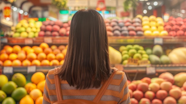 Giovane donna che guarda le bancarelle di frutta al mercato asiatico back view foto turistica Shopping food ma
