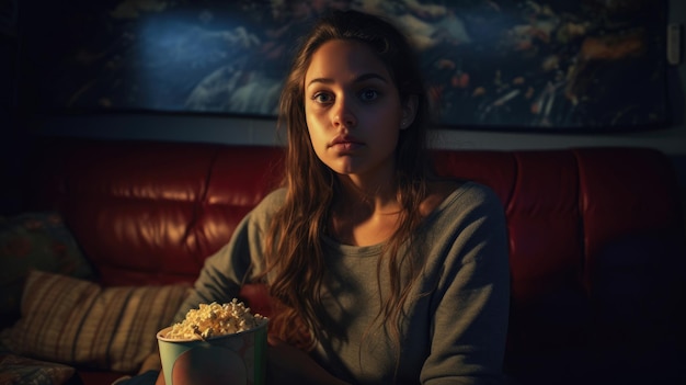 Giovane donna che guarda un film eccitato mentre mangia popcorn