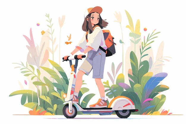 Giovane donna che guida uno scooter elettrico, illustrazione di stile di vita eco-viaggi