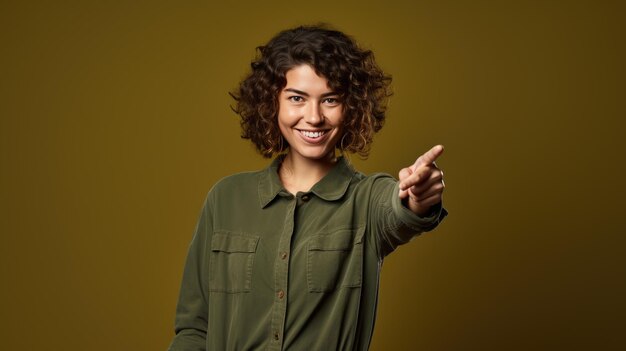 Giovane donna che indossa abiti casual che punta con la mano e il dito verso il lato guardando la telecamera