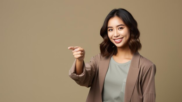 Giovane donna che indossa abiti casual che punta con la mano e il dito verso il lato guardando la telecamera