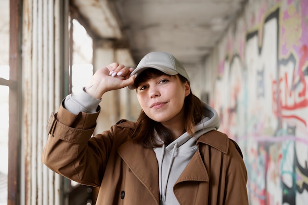 Giovane donna che indossa il cappello del camionista