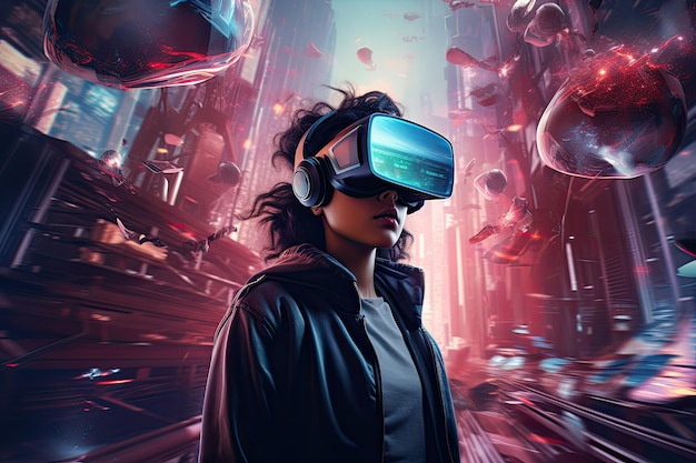 Giovane donna che indossa occhiali per realtà virtuale nella città futuristica 3D rendering di una persona che indossa occhiali per realtà virtuale immersi in un ambiente high-tech futuristico AI generato