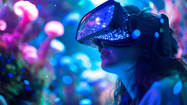 Giovane donna che indossa un auricolare di realtà virtuale e sperimenta un nuovo mondo