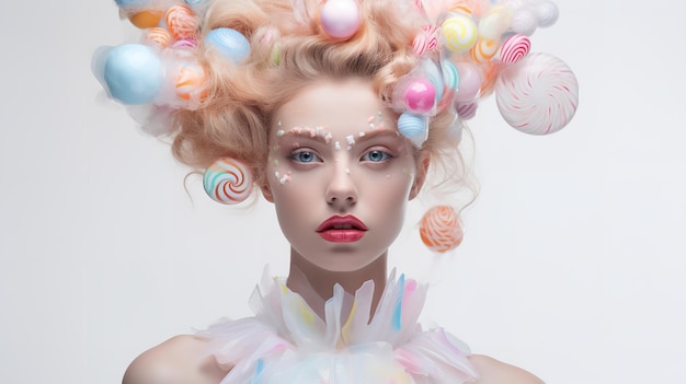 Giovane donna che indossa un bellissimo abito concetto di caramelle su sfondo bianco AI generativa