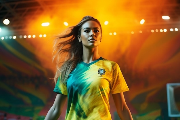 giovane donna che indossa una maglia sportiva gialla con sfondo dello stadio