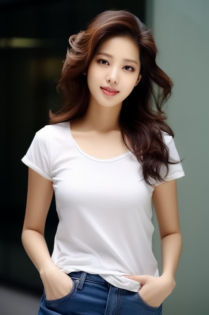 giovane donna che indossa una maglietta casual bianca maglietta mockup con maniche corte Ai generato